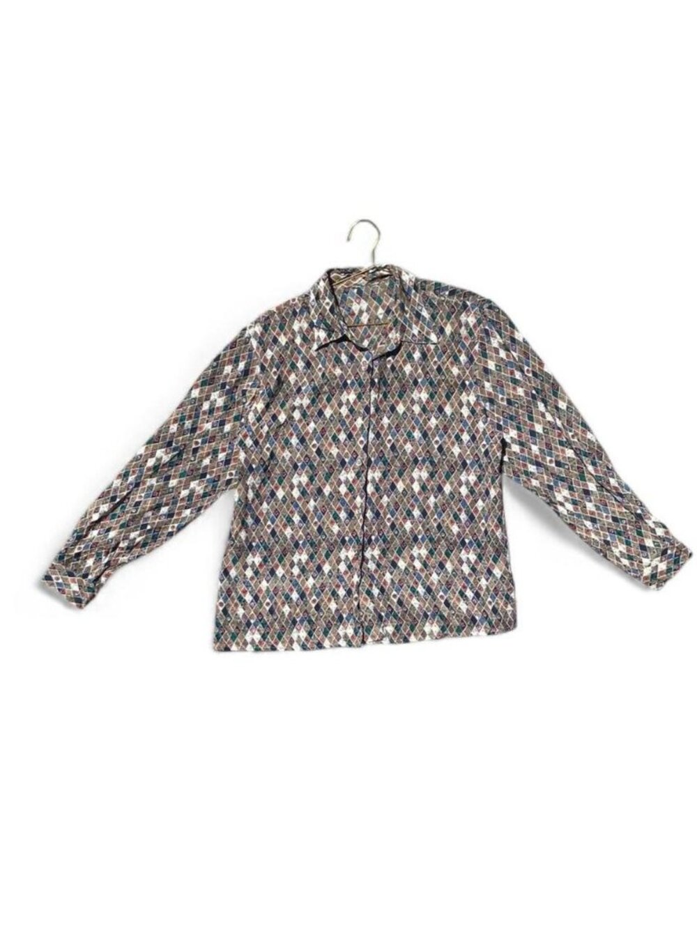 Vintage 90s Argyle Patchwork Button-Up Blouse Earth Tone Geometric M/L